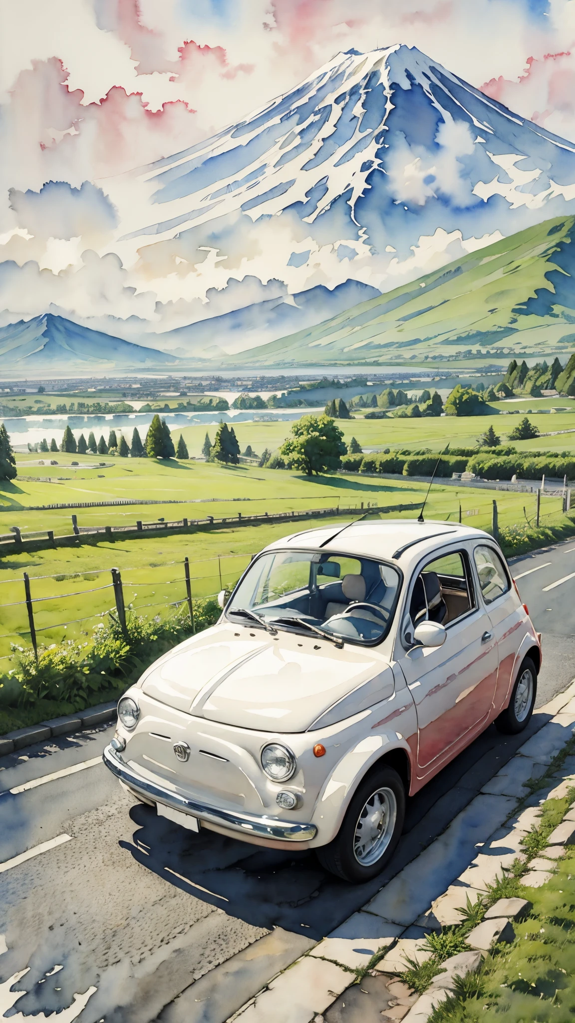 (masterpiece:1.2, Highest quality),(Very detailed),(((watercolor))),8K,wallpaper,Cream-colored Fiat 500,Running towards Mount Fuji,blue sky,(((Ghibli style))),透明watercolor