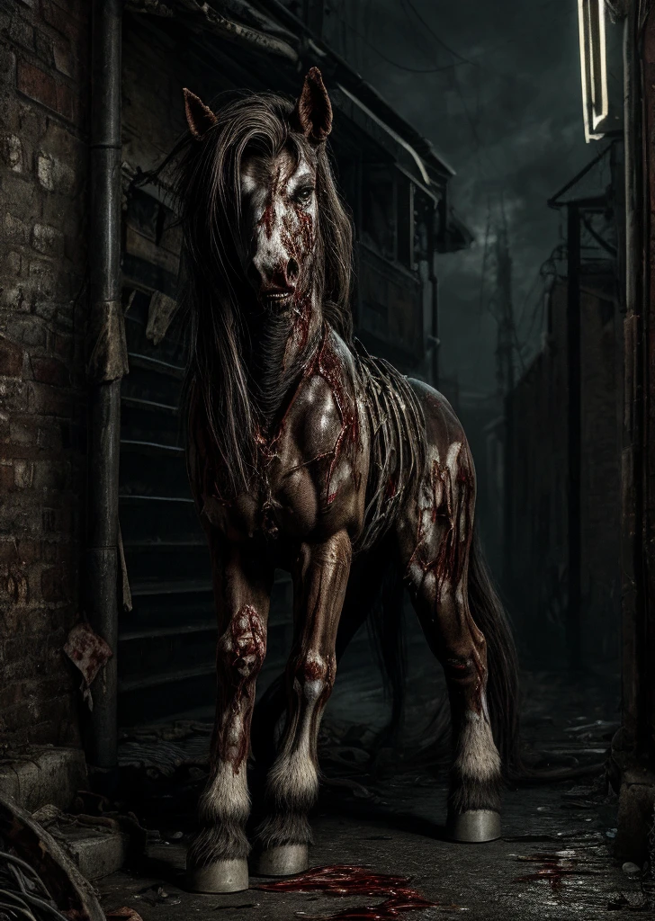 Solo, feral, undead pony, gore, wearing tattered wwii  uniform, detailed background