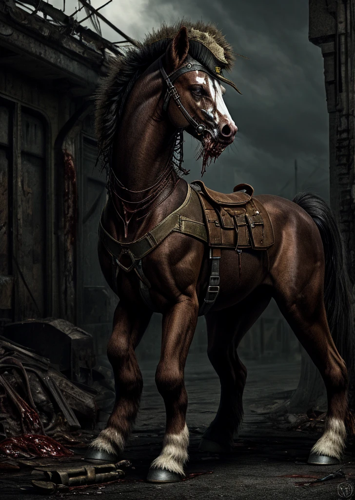 Solo, feral, undead pony, gore, wearing tattered wwii uniform, detailed background