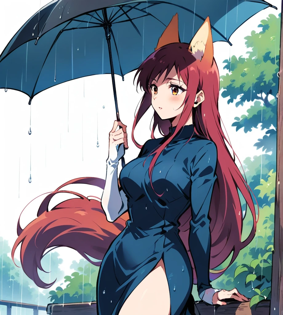 Kitsune Demi human, female, age 30, very long hair, elegant look, rainy season scene,