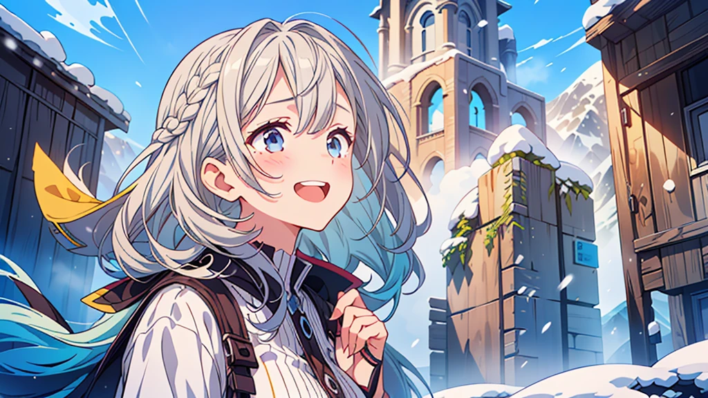 1girl,(((Highest quality、Masterpiece、Official Art、The best dynamic composition、HD、Super detailed)))、Gray and blue gradation hair、overhead shot, upper body, snow mountain, concept art, shedding tears、Jumping, looking up at the sky and smiling with the biggest smile on his face