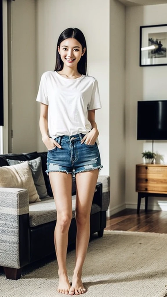 (Highest quality:1.5), (Real:1.4), (Ultra high definition:1.4), (1 Japanese skinny woman in her twenties), (skinny body), skinny face, (Plain T-shirt), (Plain shorts), barefoot, (skinny woman is standing in living room at home), (20's skinny woman is standing with t-shirt and shorts in living room), (front view of a skinny woman), Living room at home, Cowboy Shot, (smile), (Turn your body forward), (upright), (skinny), (skinny), (Very thin)