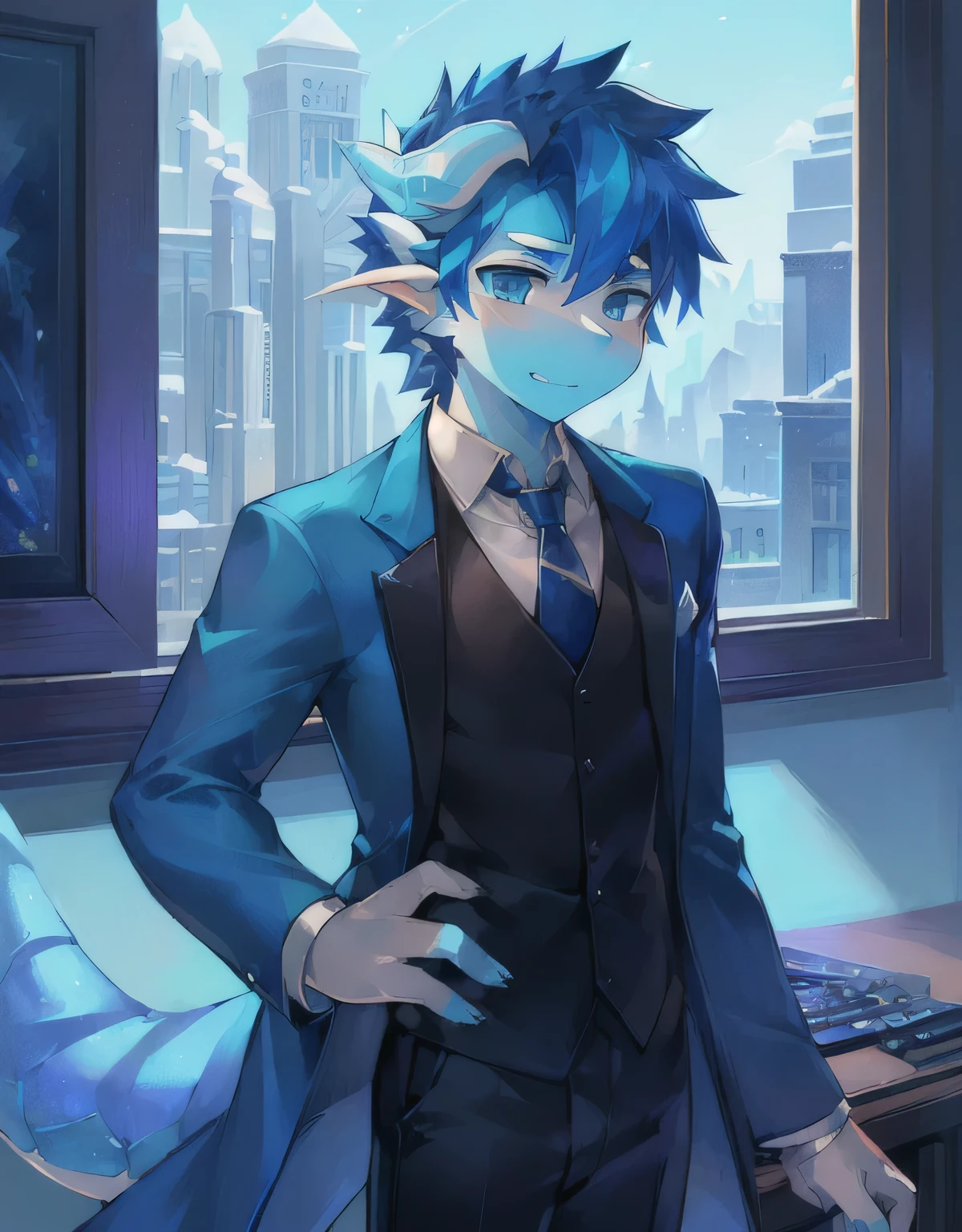 There is a blue and white dragon，Anthropomorphic dragon, Young male anthropomorphic dragon, but Anthropomorphic dragon,  professional furry, Male anthropomorphic dragon, human dragon art, Suitable for whole body, Adaptable personality, This character has cryokinesis abilities, Frost Dragon