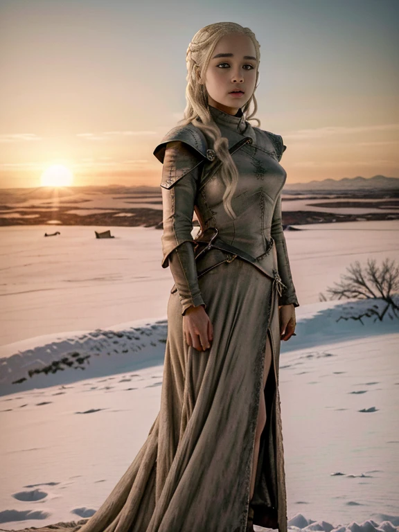 (Game of Thrones:1.5), (full body photo), (Daenerys Targaryen looking at the sunrise:1.5 ), (she has gigantic breasts:1.2), (She's in the clothes sexy regal+extremely tight on body:1.4), (she's walking in a field of snow:1.5), (she has long platinum hair:1.3), (she has blue eyes:1.3), (she's doing poses+for the viewer), Hyperrealism, 16k, best quality, high details, UHD