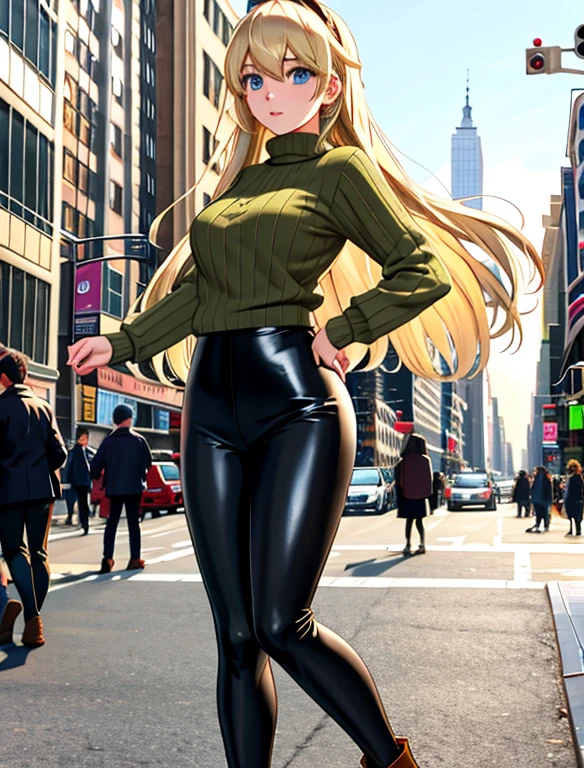 (best quality, masterpiece, colorful, highest detailed) upper body photo, fashion photography of cute (Gwen Stacy), long blonde hair and bright blue eyes. She's wearing a Black headband, olive green sweater, shiny black leggings and Ugg Boots. (ultra-detailed body), (light smile:0.3), (Empty streets of New York background:1.3), (intricate details), (dynamic angle), (full body:0.6),