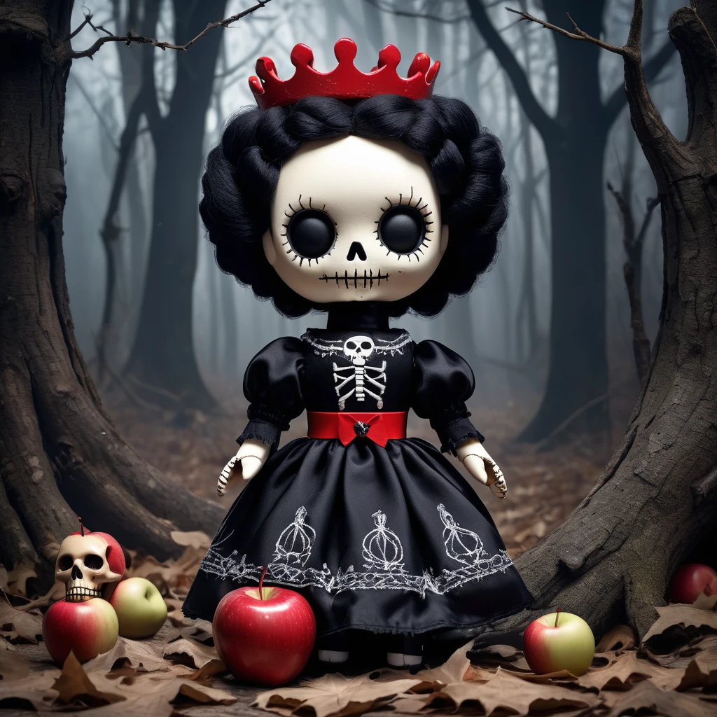 (knitted toy voodoo doll:1.6), (Voodoo Snow White:1.3), (clothes Black dress with gothic patterns, scarlet belt:1.0), (Poisonous apple, skull with crown:1.1) (against the background Abandoned forest with dark trees and shadows:1.3),  best quality, masterpiece, detailed soft oil painting, detailed background, dramatic cinematic lighting, soft edge lighting, professional, dramatic lighting, hard edge lighting, ultra quality, 4k,masterpiece, best quality, 8k, ultra highres, highres, extremely detailed