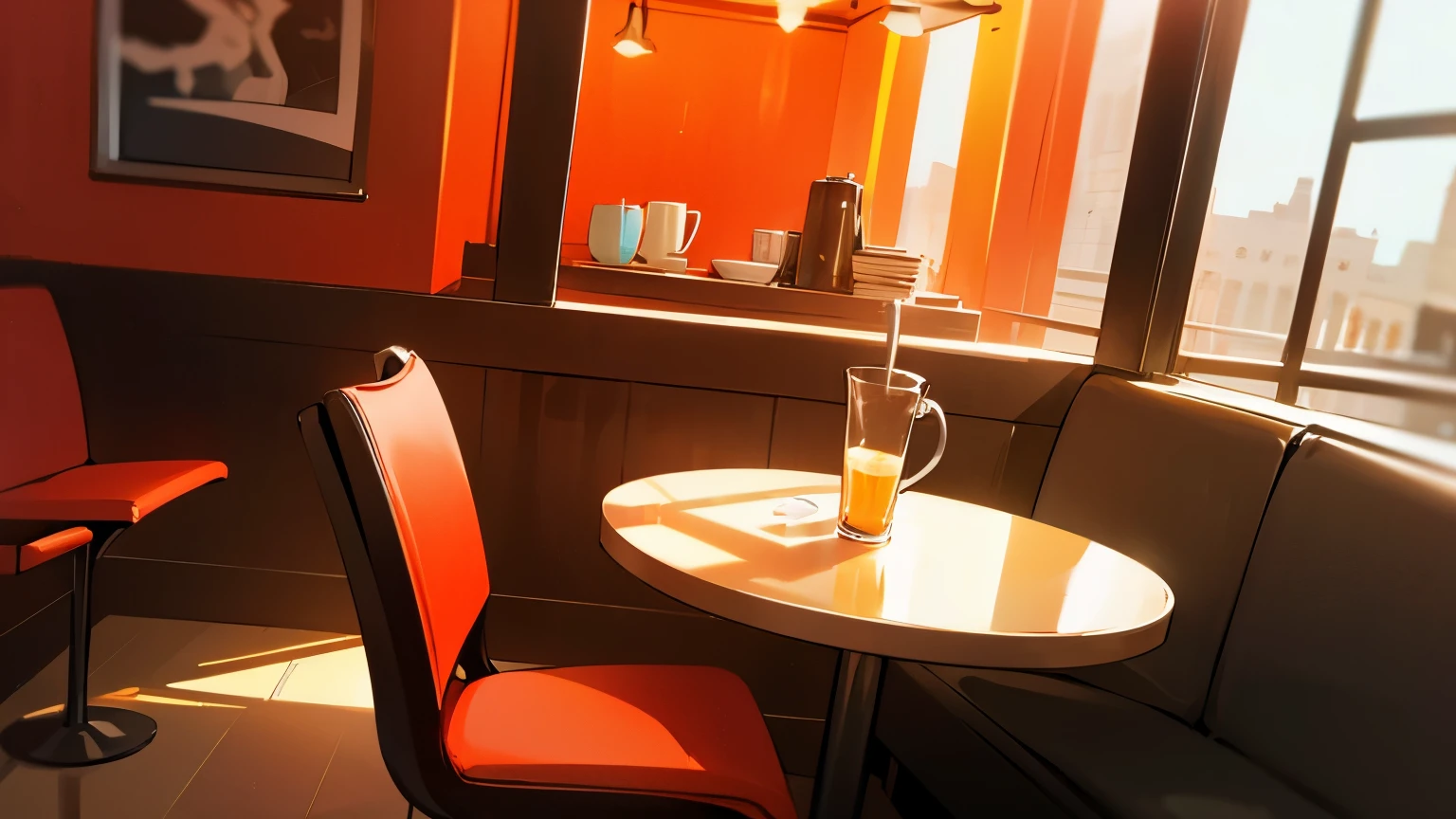 relaxing coffee cup in a cafe, warm colors, persona 5 stylized