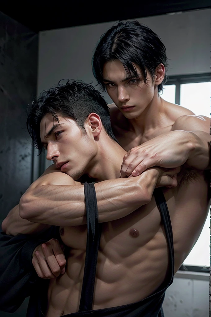 Man in black tank top, tall and fit, with short black hair, while sexy modeling, in different places, in different positions.