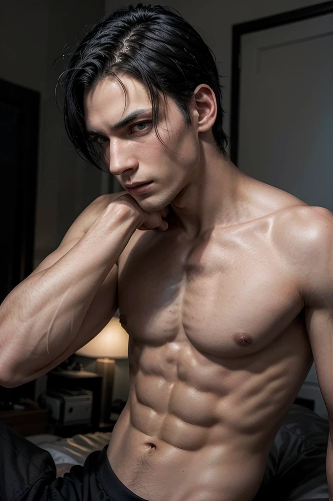 Man in black tank top, tall and fit, with short black hair, while sexy modeling, in different places, in different positions.