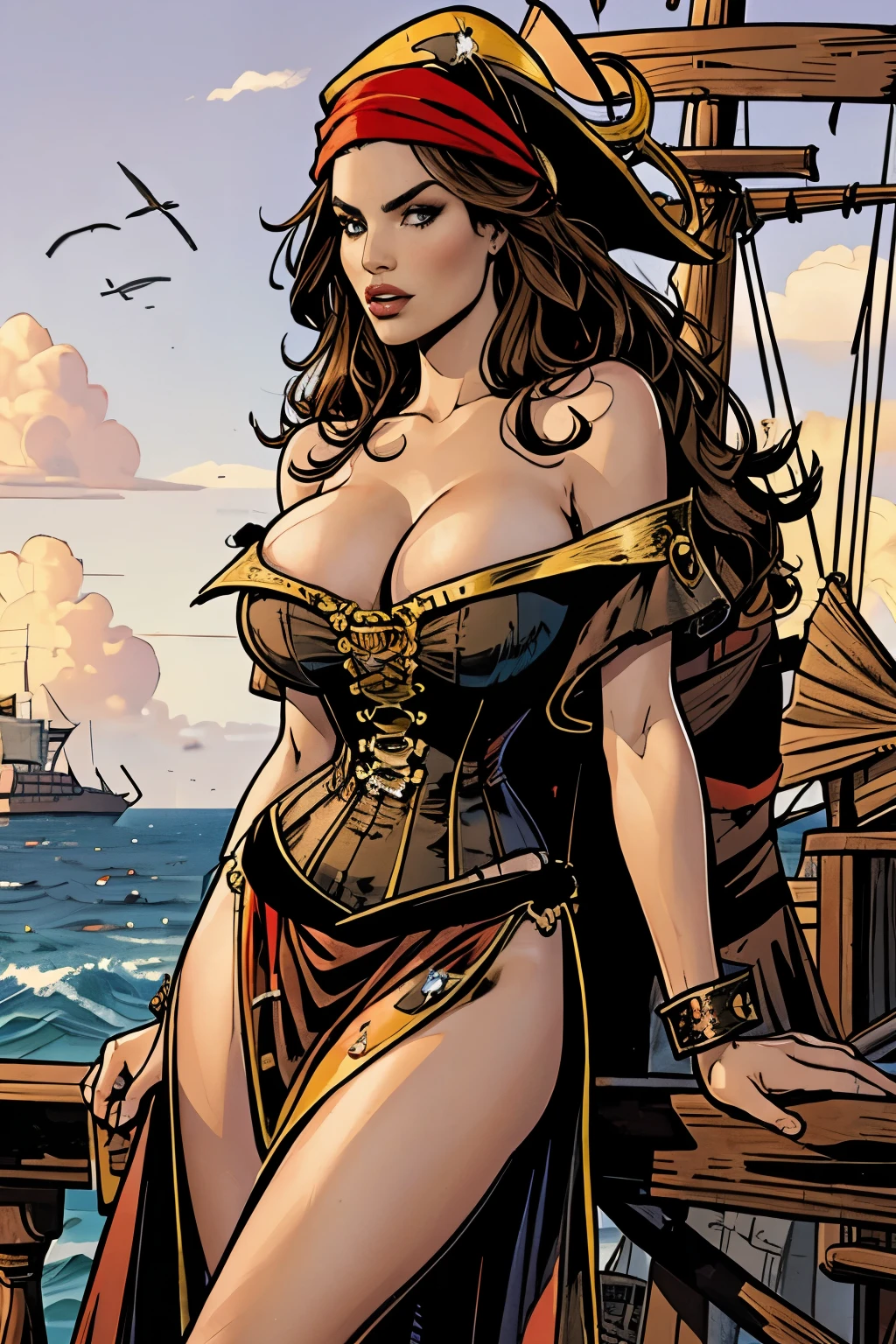 Gorgeous and sultry busty athletic (happy) brunette with sharp facial features, long hair, large breasts wearing a pirate dress, off-shoulder, corset, long red dress, pirate hat, do-rag. On a pirate ship.