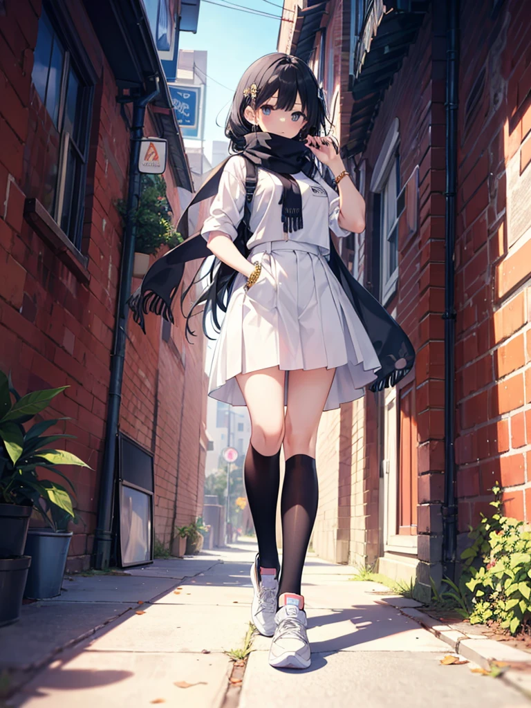 1girl,,legwear,,anklet,black hair,straight_hair,hime cut,long hair,sneakers,huge filesize,scarf,Uniforms,lace