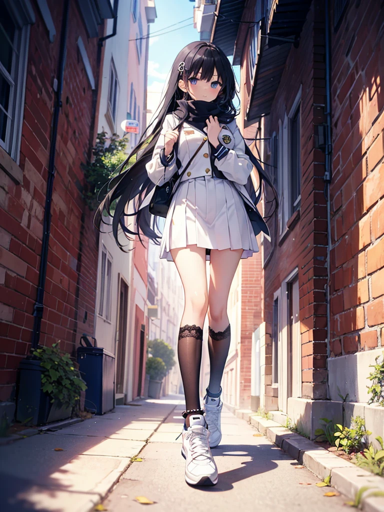 1girl,,legwear,,anklet,black hair,straight_hair,hime cut,long hair,sneakers,huge filesize,scarf,Uniforms,lace