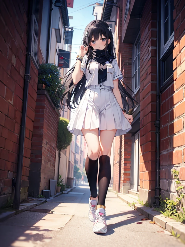 1girl,,legwear,,anklet,black hair,straight_hair,hime cut,long hair,sneakers,huge filesize,scarf,Uniforms,lace