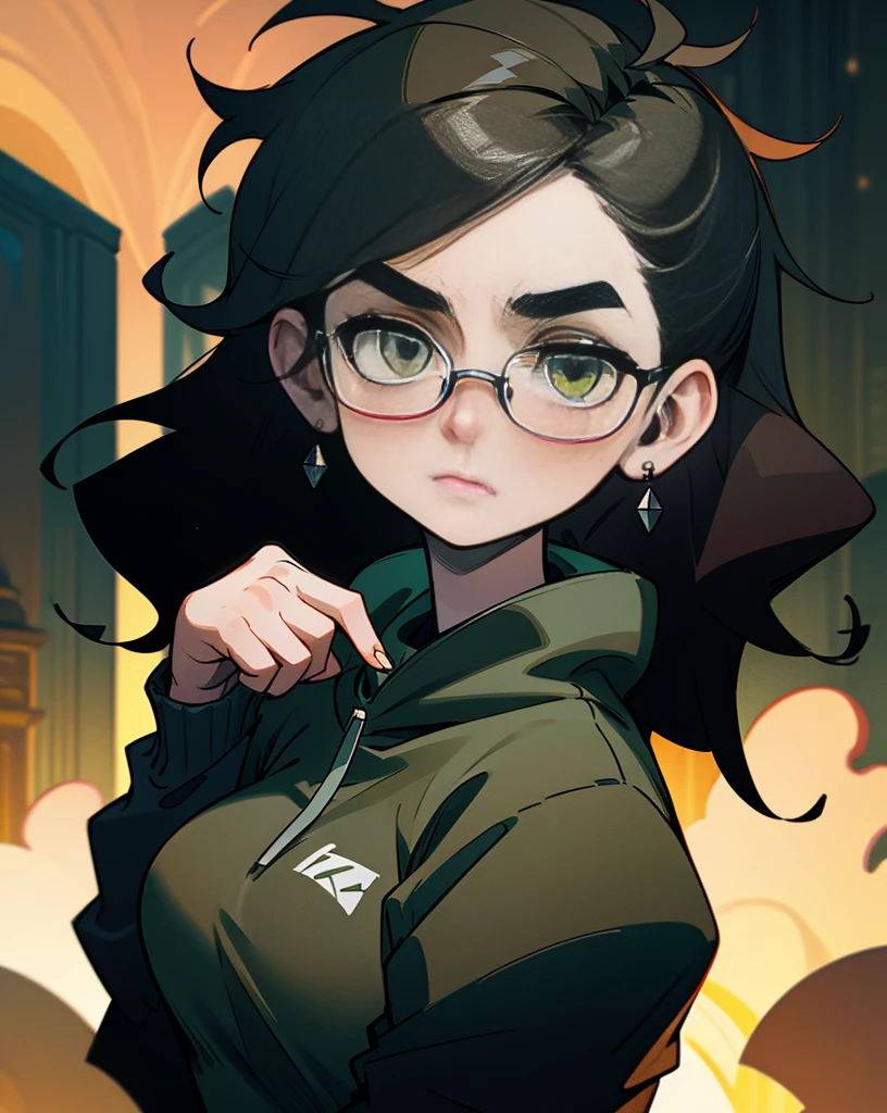 Best quality, volumetric lighting, cinematic lighting, masterpiece, ultra high res, 4k, (soft round detailed face), (sad expression), (detailed green eyes), bags under eyes, thick eyebrows, depressed, melancholy, (wearing rounded glasses), (very pale light skin), detailed black hair, ((long messy greasy hair)), (plain black hoodie), black stud earrings, black nail varnish, unwashed, unkempt, disheveled, sodium streetlamps, midnight, dark clouds, London, snow
