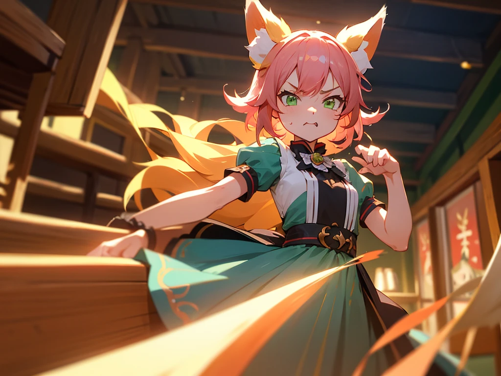 kitsune idol in a tavern, foxgirl, fox ears, fox tails, pink hair, green eyes, light blue idol dress, tavern background, high quality, masterpiece, angry face