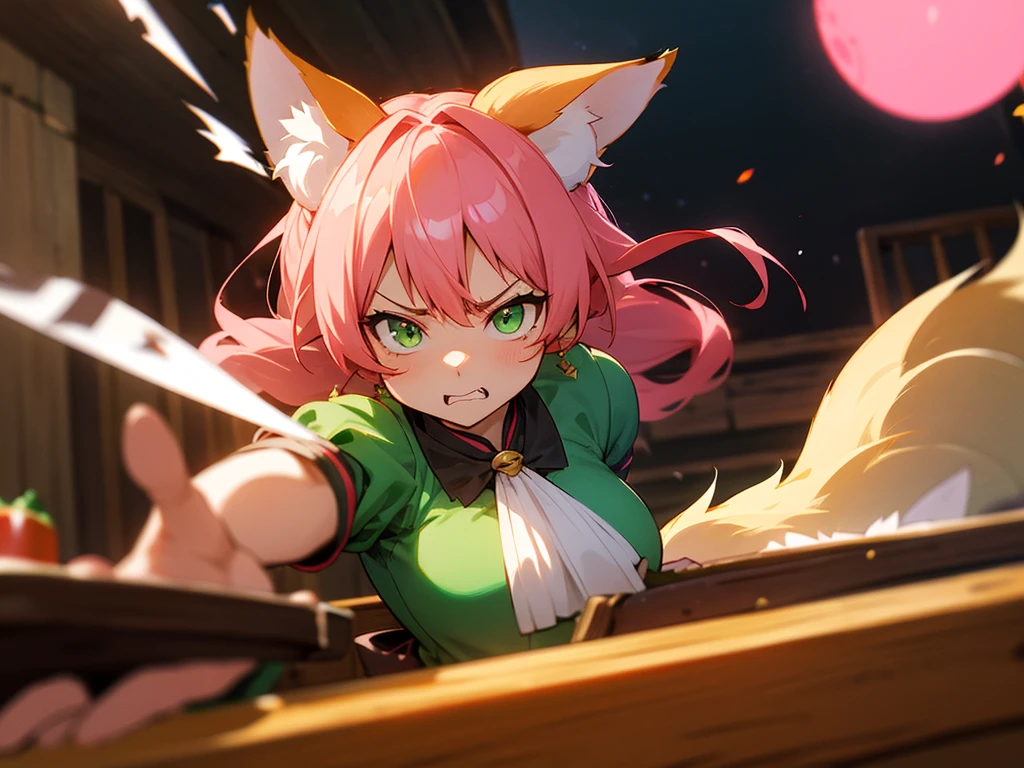 kitsune idol in a tavern, foxgirl, fox ears, fox tails, pink hair, green eyes, light blue idol dress, tavern background, high quality, masterpiece, angry face