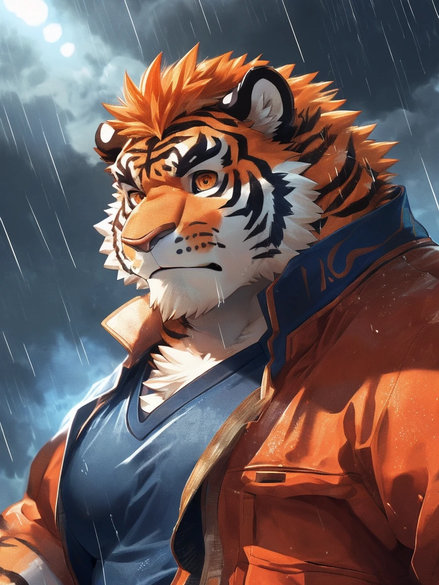 human nature, Wildlife, male,18 years old， solitary, ((Round Face, The face is plump,Orange eyes,Thick orange hair，With scars)), ((Endomorph, Handsome，Hot Blood)), (Sportswear，Light blue and white coat，Wear a sports cap), ((domestic tiger, tiger，) Fluffy fur, Fluffy), Bokeh, (high quality, high resolution, masterpiece), (Dynamic Lighting, Vibrant colors，Natural fill light), (Revitalize，harm，Disdain，aggressive), Full body picture (close up), cartoon, author：Takemoto Arashi, From zixiong, By Chunni, author：Empty Ghost，（background：Raining dead city）