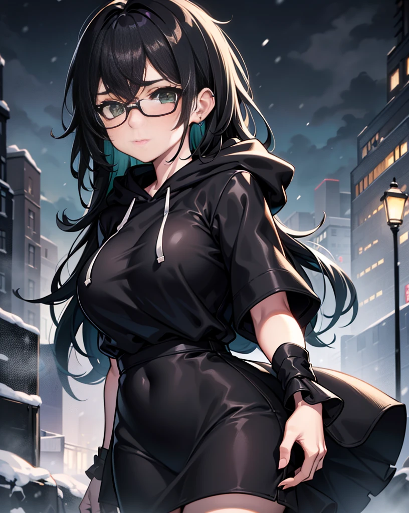 Best quality, volumetric lighting, cinematic lighting, masterpiece, ultra high res, 4k, (soft round detailed face), (sad expression), (detailed green eyes), bags under eyes, thick eyebrows, depressed, melancholy, (wearing rounded glasses), (very pale light skin), detailed black hair, ((long messy greasy hair)), (plain black hoodie), black stud earrings, black nail varnish, unwashed, unkempt, disheveled, sodium streetlamps, midnight, dark clouds, London, snow