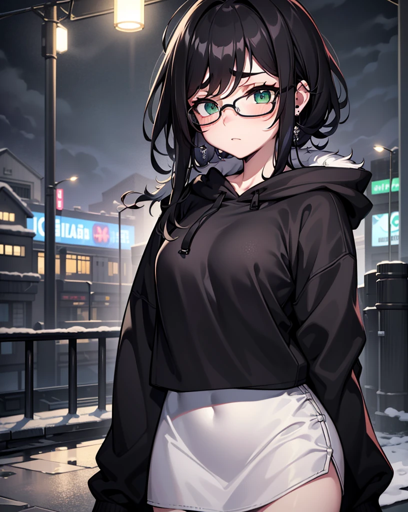 Best quality, volumetric lighting, cinematic lighting, masterpiece, ultra high res, 4k, (soft round detailed face), (sad expression), (detailed green eyes), bags under eyes, thick eyebrows, depressed, melancholy, (wearing rounded glasses), (very pale light skin), detailed black hair, ((long messy greasy hair)), (plain black hoodie), black stud earrings, black nail varnish, unwashed, unkempt, disheveled, sodium streetlamps, midnight, dark clouds, London, snow