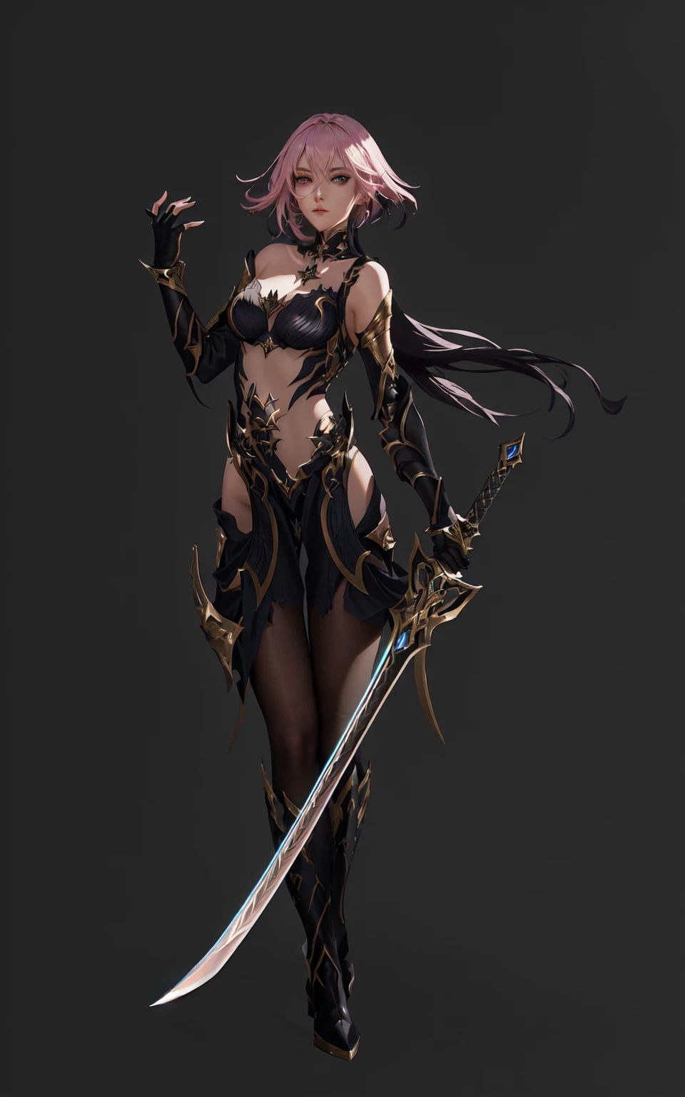 Close-up of a woman holding a sword and a rapier, Dark Witch Panorama, Epic and beautiful character art, dark fantasy character design, 2. 5D CGI anime fantasy artwork, Dark Elf Princess, She holds a sword, Shadowverse character concept, Whole body concept, Dark witch full body pose, Kushat Krenz Key Women in Art