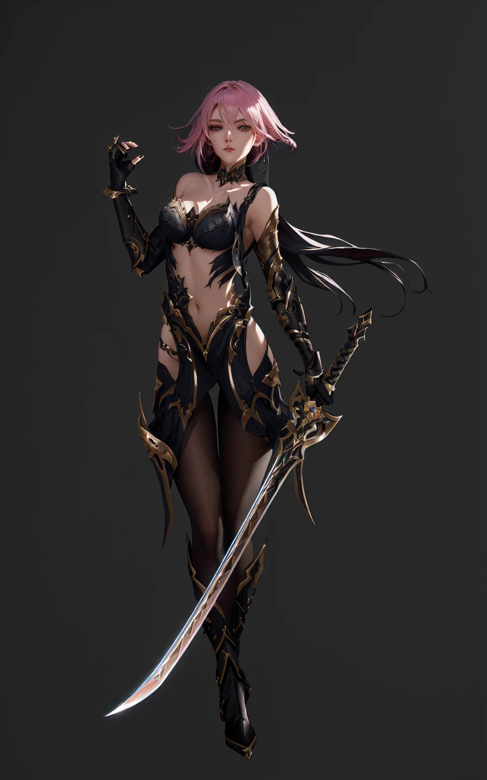 Close-up of a woman holding a sword and a rapier, Dark Witch Panorama, Epic and beautiful character art, dark fantasy character design, 2. 5D CGI anime fantasy artwork, Dark Elf Princess, She holds a sword, Shadowverse character concept, Whole body concept, Dark witch full body pose, Kushat Krenz Key Women in Art