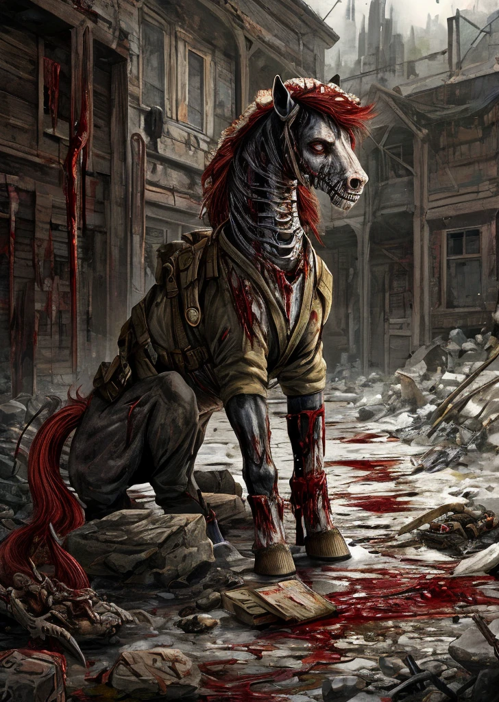 Solo, feral, undead pony, gore,, wearing tattered wwii uniform, detailed background