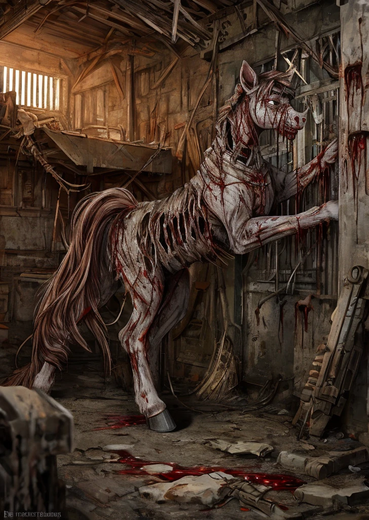 Solo, feral, undead pony, gore, wearing tattered wwii  uniform, detailed background