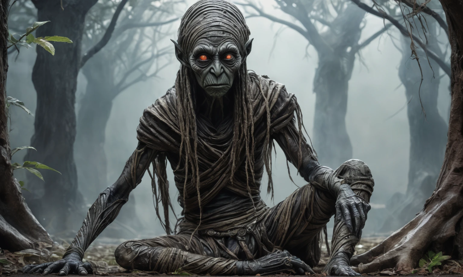 full body length shot,beggar niobium graphite mummy of Alien Entity,native africa sparas,,maya,  criminal city of future,Cinematic,soft colors, Technicolor,natural skin textures, hyper realism, hyper detailed,Extremely detailed,High contrast,Masterpiece,Realistic,Ultra Detailed, intricate details,realistic humid leather,extremely intricate,Epic Realistic, cinematic style, irina yermolova,high contrast,hdr,extremely detailed, deep night landscape,masterpiece, intricate details, eyes extremely detailed, high detailed eyes,8k resolution,retina, Nikon Z9,Korea,orc,perfect, Elf，transition between two art styles, Double contact, X-ray, Creative, vivid light, fantasy, Abstract, Surrealism, super detailed, high resolution, trap against fairies between trees,insanity wear
