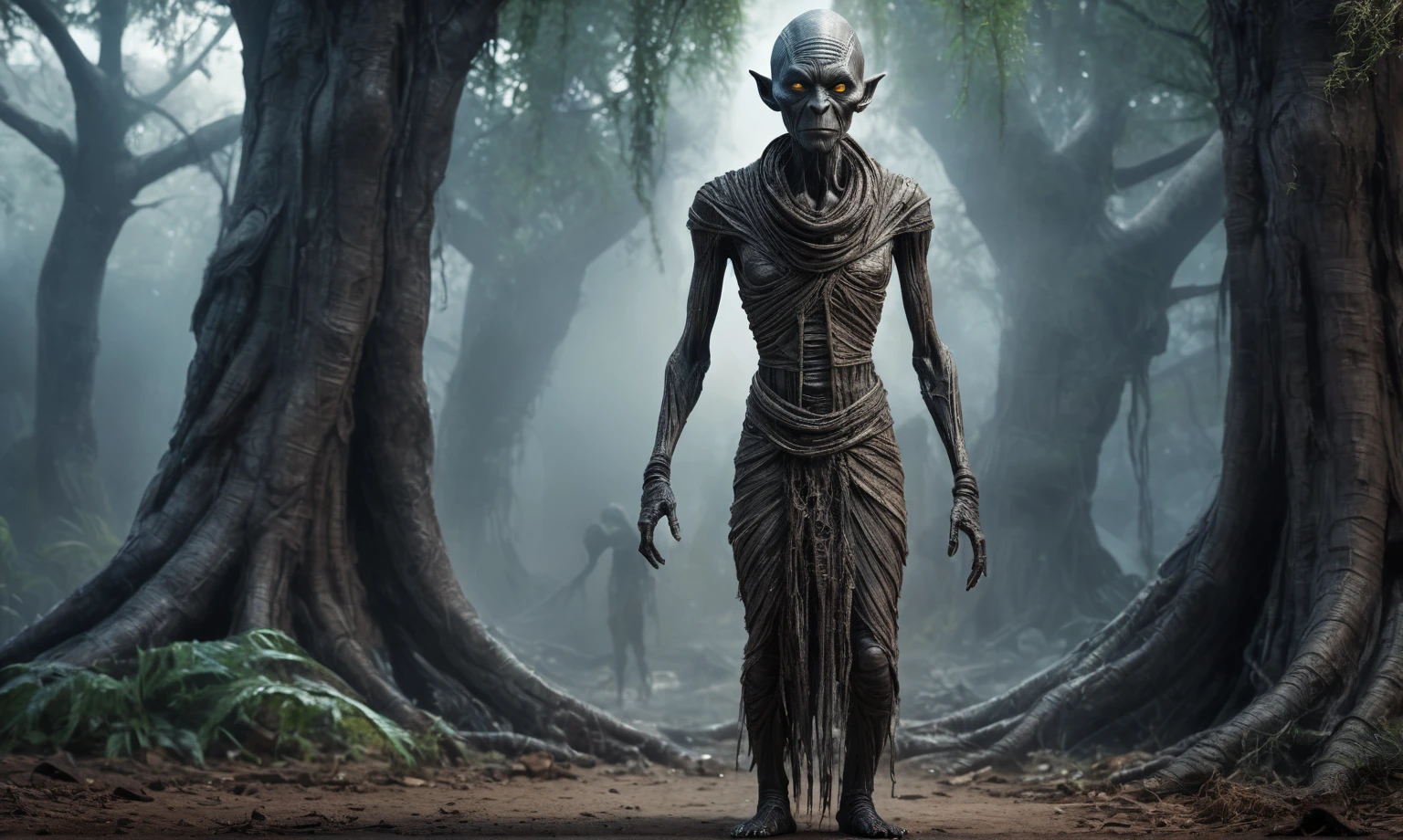 full body length shot,beggar niobium graphite mummy of Alien Entity,native africa sparas,,maya, criminal city of future,Cinematic,soft colors, Technicolor,natural skin textures, hyper realism, hyper detailed,Extremely detailed,High contrast,Masterpiece,Realistic,Ultra Detailed, intricate details,realistic humid leather,extremely intricate,Epic Realistic, cinematic style, irina yermolova,high contrast,hdr,extremely detailed, deep night landscape,masterpiece, intricate details, eyes extremely detailed, high detailed eyes,8k resolution,retina, Nikon Z9,Korea,orc,perfect, Elf,transition between two art styles, Double contact, X-ray, Creative, vivid light, fantasy, Abstract, Surrealism, super detailed, high resolution, trap against fairies between trees,insanity wear