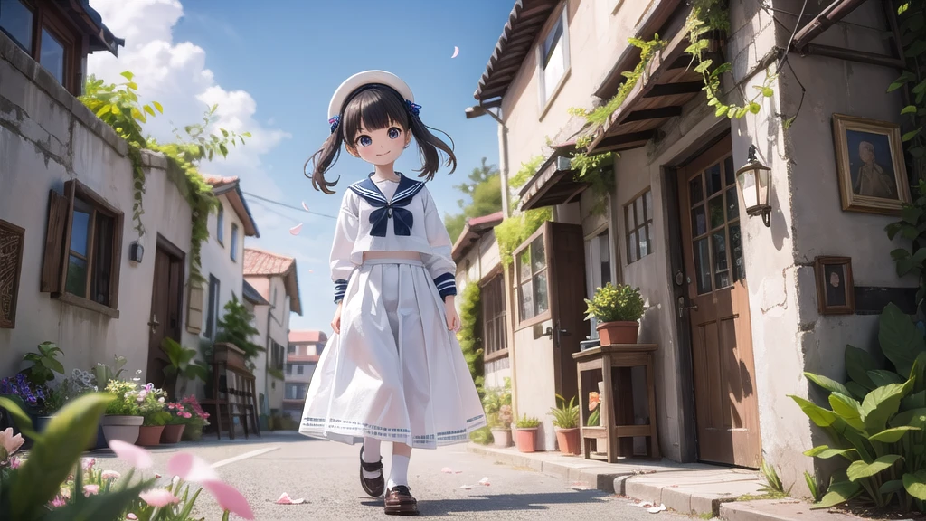 (masterpiece),  town,  blue sky,  One Girl,  smile,  alone,  Sailor suit、Long skirt,  Overgrown,  petal,  plant、Skirt lining、Translucent slip、Nostalgic
