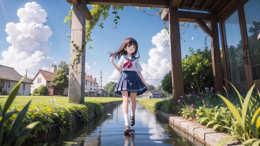 (masterpiece),  town,  blue sky,  One Girl,  smile,  alone,  Sailor suit、Long skirt,  Overgrown,  petal,  plant、Skirt lining、Translucent slip、Nostalgic