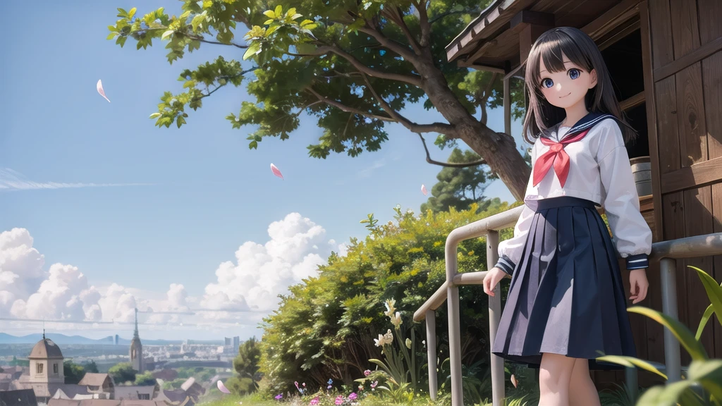 (masterpiece), town, blue sky, One Girl, smile, alone, Sailor suit、Long skirt, Overgrown, petal, plant、Skirt lining、Translucent slip、Nostalgic