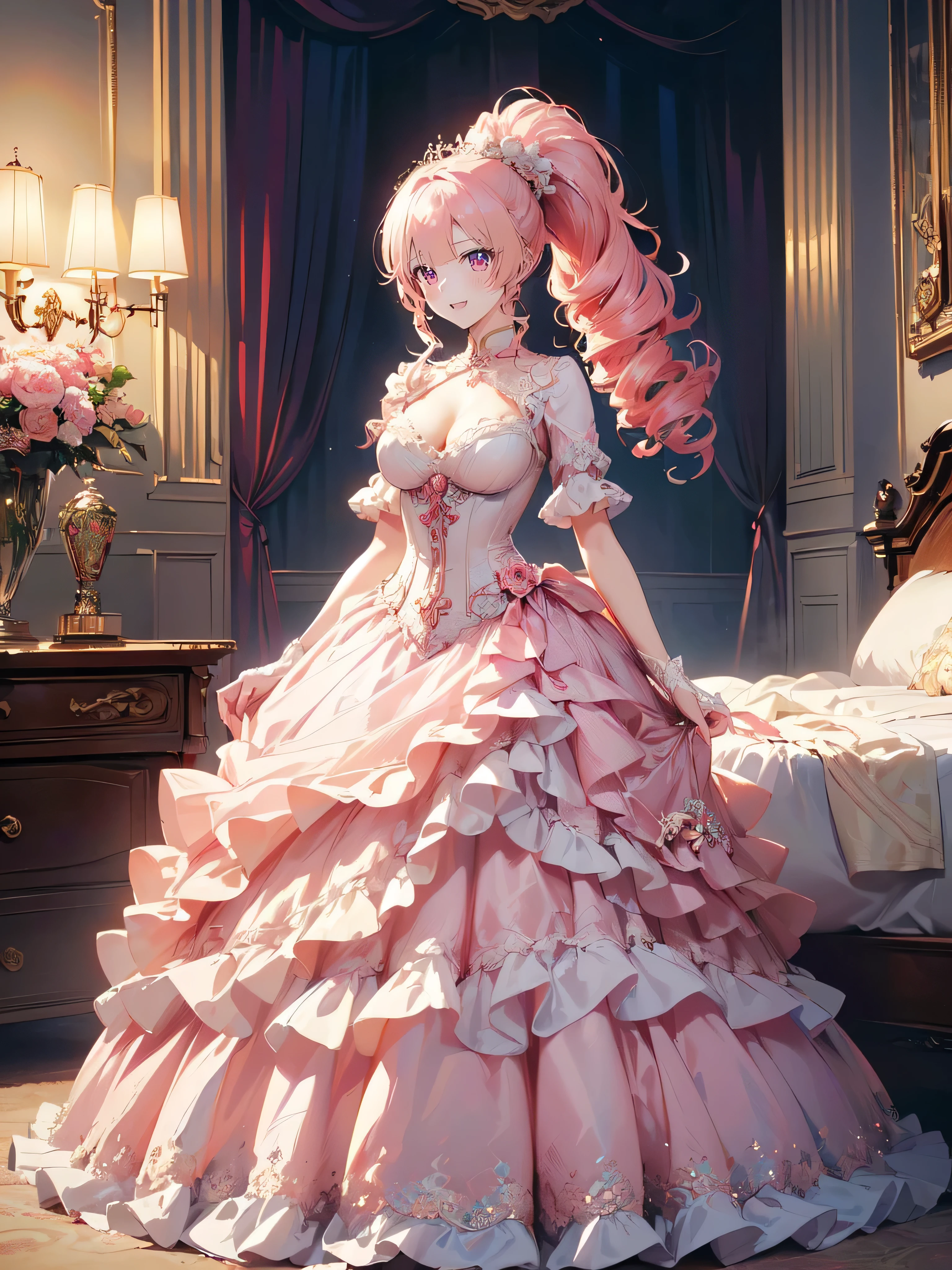 (Moe anime art style:1.2), (masterpiece), (((Highest quality))), (((Ultra-high resolution))), (8K), (Very detailed), (((solo girl))), (18 years old), ((full body)), (((Detailed and beautiful face, Beautiful Lips, Beautiful Eyes))), (((Pink Hair, Fluffy ponytail, Curly Hair, Expressive hair, very voluminous long hair))), ((Deep red taffeta material, Satin Material, Transparent silk material)), ((Dense lace, Long train, Lots of frills)), (((Full-length crinoline hoop skirt, Beautiful and luxurious Rococo Victorian ball gown dress))), ((Big Breasts)), Emphasized cleavage, (((from front, on back, on the bed)))