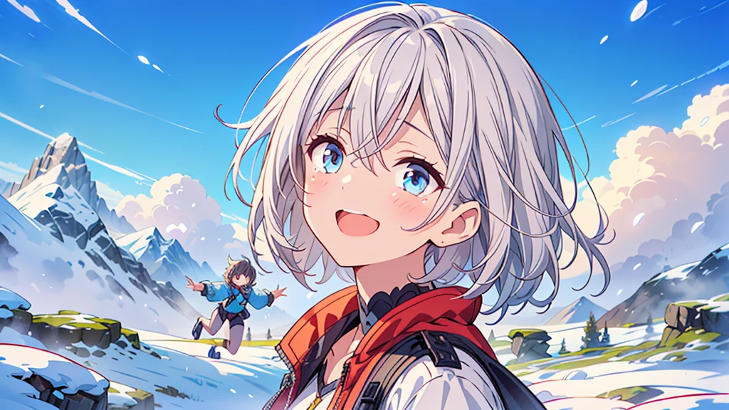 1girl,(((Highest quality、Masterpiece、Official Art、The best dynamic composition、HD、Super detailed)))、Gray and blue gradation hair、overhead shot, upper body, snow mountain, concept art, shedding tears、Jumping, looking up at the sky and smiling with the biggest smile on his face、A hopeful look、