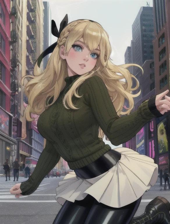(best quality, masterpiece, colorful, highest detailed) upper body photo, fashion photography of cute (Gwen Stacy), long blonde hair and bright blue eyes. She's wearing a Black headband, olive green sweater, shiny black leggings and Ugg Boots. (ultra-detailed body), (light smile:0.3), (Empty streets of New York background:1.3), (intricate details), (dynamic angle), (full body:0.6),