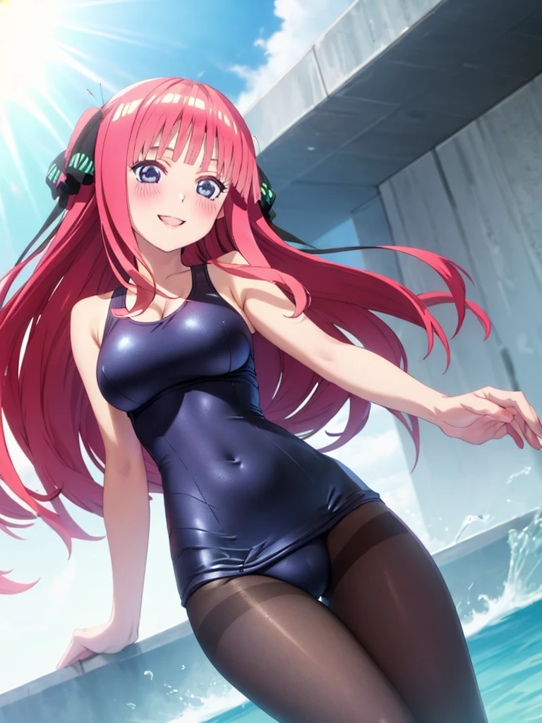 best quality, insanely detailed, nino nakano, one-piece swimsuit, breasts, pantyhose, blush, smile,