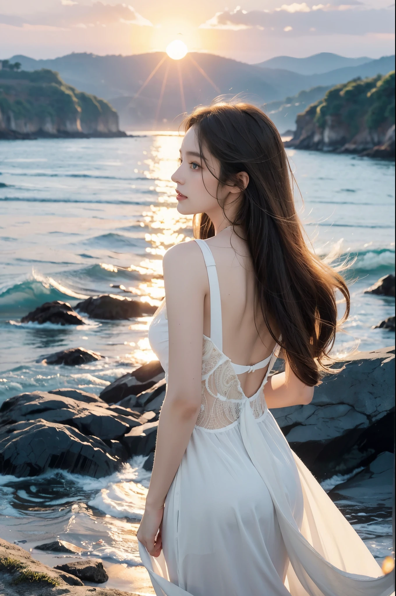 (((best quality))),(((ultra detailed))),(((masterpiece))),illustration,1 girl, solo,slim,flat chest,(sunrise:1.5),standing, seaside,soft light, serene atmosphere,medium straight hair, sparkling blue eyes, fair skin, white sundress, seashell patterns, cliff edge, azure sea, waves crashing, seagulls soaring, camera in hand, joyful expression, warm sunlight, ethereal presence, peaceful setting,upper body,from front,arms behind back