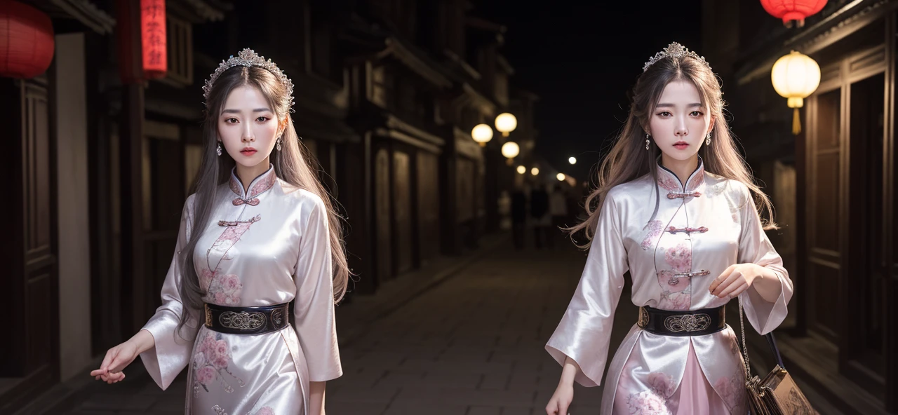 Masterpiece, Best Quality, Night, Full Moon, 1 Girl, Mature Woman, Chinese Style, Ancient China, Sister, Royal Sister, Cold expression, expressionless face, Silver white long haired woman, Light pink lips, Calm, Intellectual, Three belts, Gray pupils, Assassin, Short knife, Flower ball background, Strolling in the street scenery