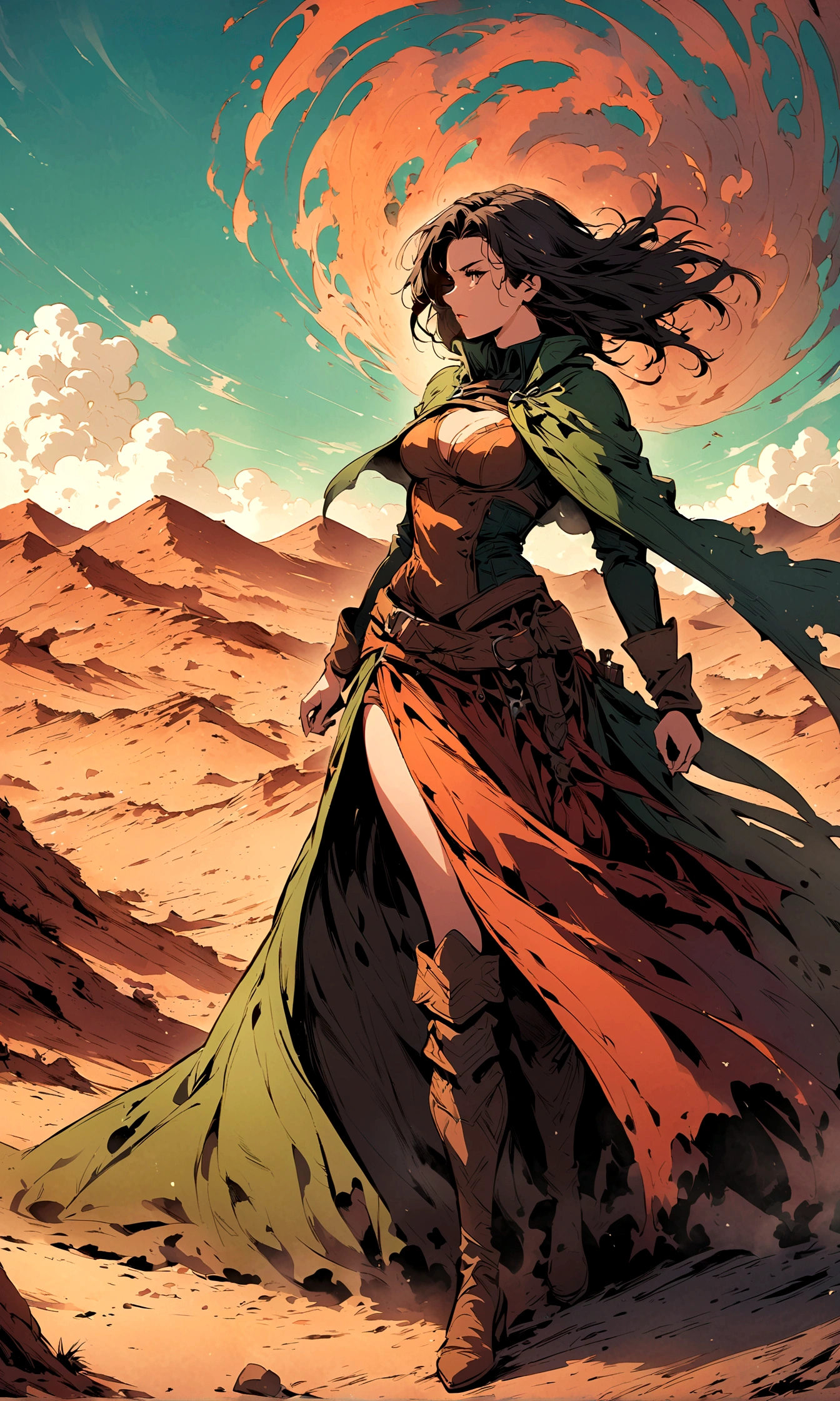 woman，Rogue,desert，Sand，cloak，Illustration style