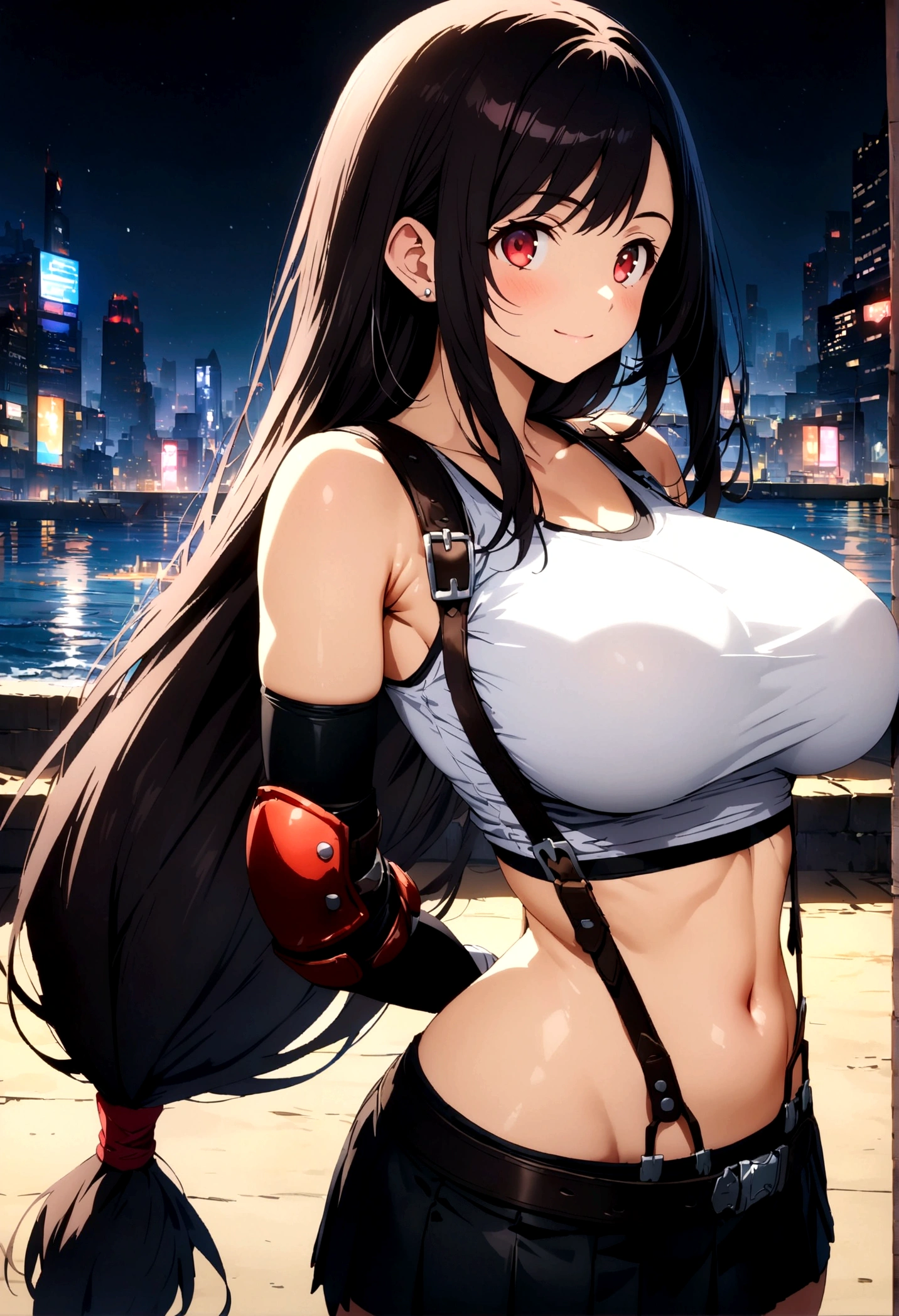 score_9, score_8_up, score_7_up,4k, ,BREAK , from front,from side,breast focus,standing,straight-on,(arms up,arms behind back,stretch),,(medium shot),looking_at_viewer ,1girl, tifa lockhart, final fantasy, tareme,black hair, low-tied long hair, red eyes, bangs, white tank top, belt, pleated skirt, thighhighs, elbow fingerless gloves, elbow pads, midriff, navel,suspender skirt ,big_breasts,(light smile),Curvy waist ,Solo,,(midnight and beachside and city),Toned,,detailed skin,(best quality),(aesthetic,very aesthetic),masterpiece, highres,4k,(ultra-detailed:1.4) (illustration:0.4), (ray tracing,:0.7),(anime colored:0.7),(ai-generated:0.5), (anime screencap:0.8),