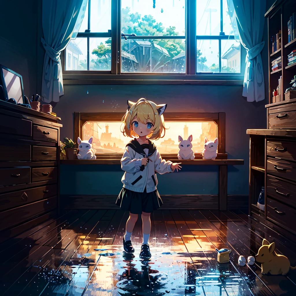 High-definition background, bright and beautiful atmosphere, 3 girls (2 years old, (1 short-tempered round face), (1 child)) (hair, surface effect), color effect), small breasts, blonde hair, fishing boat, rainy season 's weather, a girl by the window, a girl putting her hand on the window, many mini pigs sticking to the window, deltamon_sdXL:0.73) >Deltamon Negative Prompt