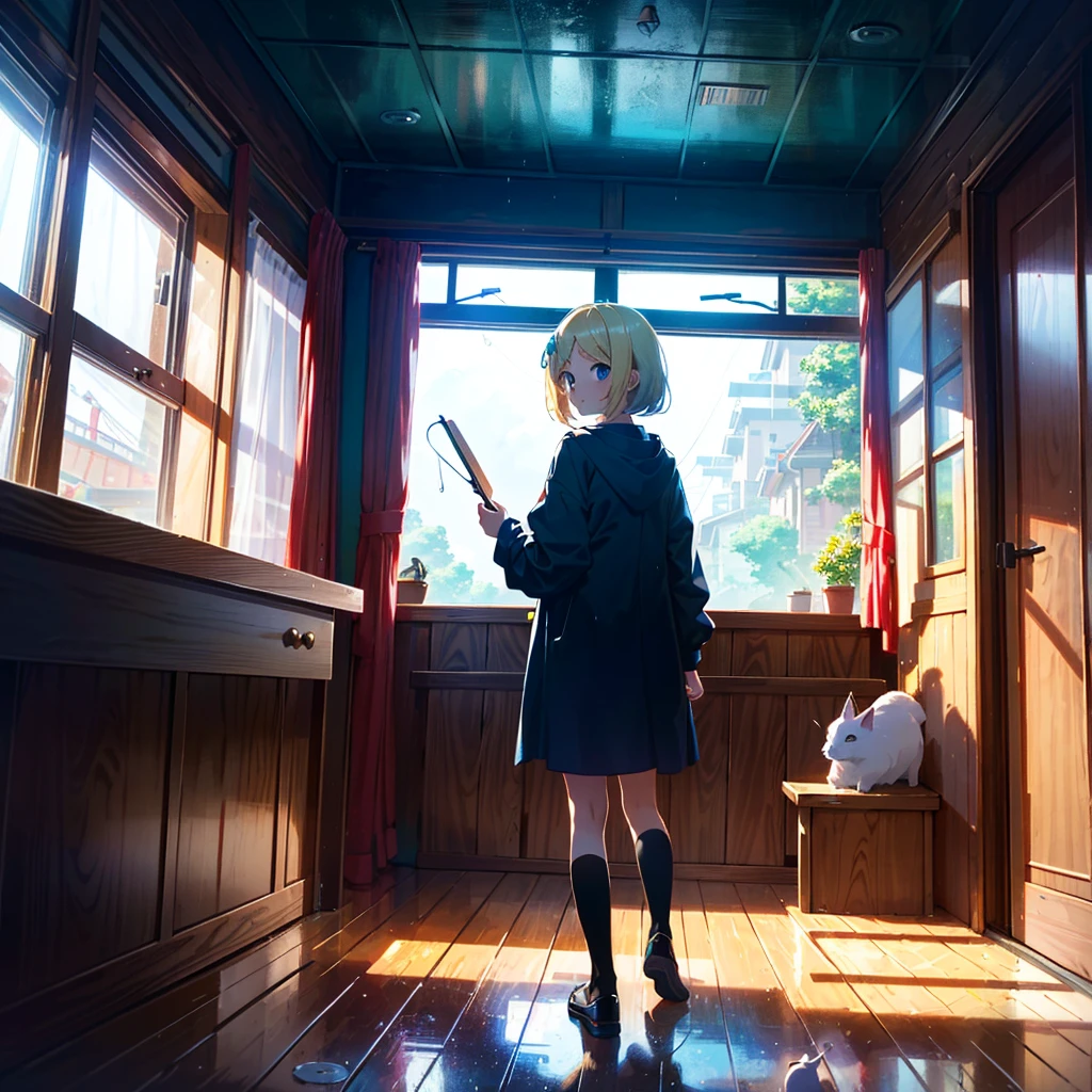 High-definition background, bright and beautiful atmosphere, 3 girls (, (1 short-tempered round face), (1 child)) (hair, surface effect), color effect), small breasts, blonde hair, fishing boat, rainy season 's weather, a girl by the window, a girl putting her hand on the window, many mini pigs sticking to the window, deltamon_sdXL:0.73) >Deltamon Negative Prompt