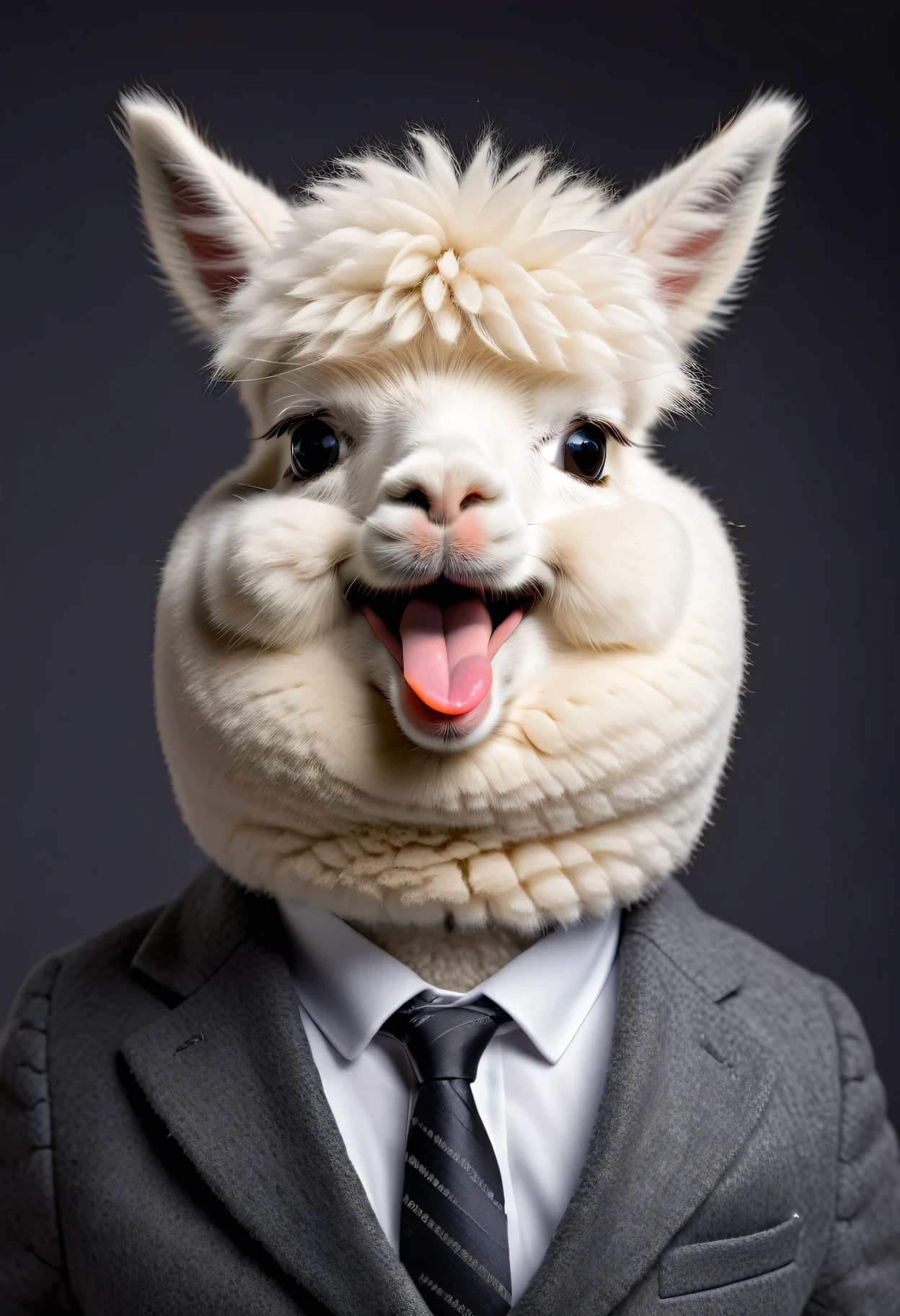 face close up photo of anthropomorphic fat cute white alpaca,(furry), dressed in a dark gray suit, (sticking out tongue:1.5),(happy smile:1.5),(Innocent), roomlighting, Cinematic, hdr, primitive, Intricate, High quality, smoothing tones, Intricate details, Low contrast,(viewed from side:2.0), (looking to the side:2.0), simple background