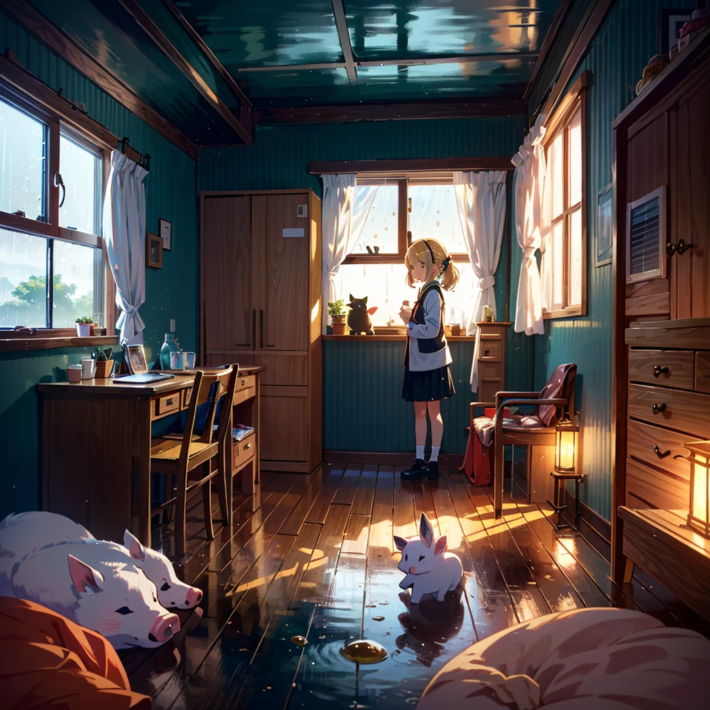 High-definition background, bright and beautiful atmosphere, 3 girls (, (1 short-tempered round face), (1 child)) (hair, surface effect), color effect), small breasts, blonde hair, fishing boat, rainy season 's weather, a girl by the window, a girl putting her hand on the window, many mini pigs sticking to the window, deltamon_sdXL:0.73) >Deltamon Negative Prompt