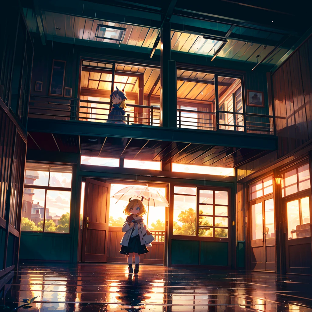 High-definition background, bright and beautiful atmosphere, 3 girls (, (1 short-tempered round face), (1 child)) (hair, surface effect), color effect), small breasts, blonde hair, fishing boat, rainy season 's weather, a girl by the window, a girl putting her hand on the window, many mini pigs sticking to the window, deltamon_sdXL:0.73) >Deltamon Negative Prompt