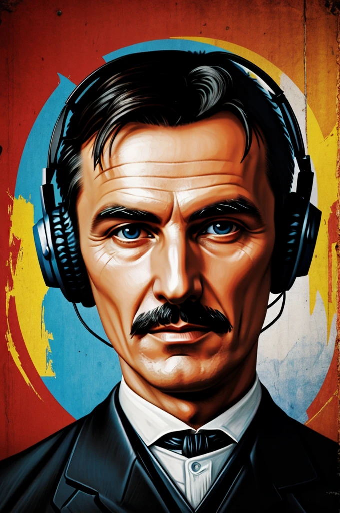Nikola Tesla with headphones pop art style