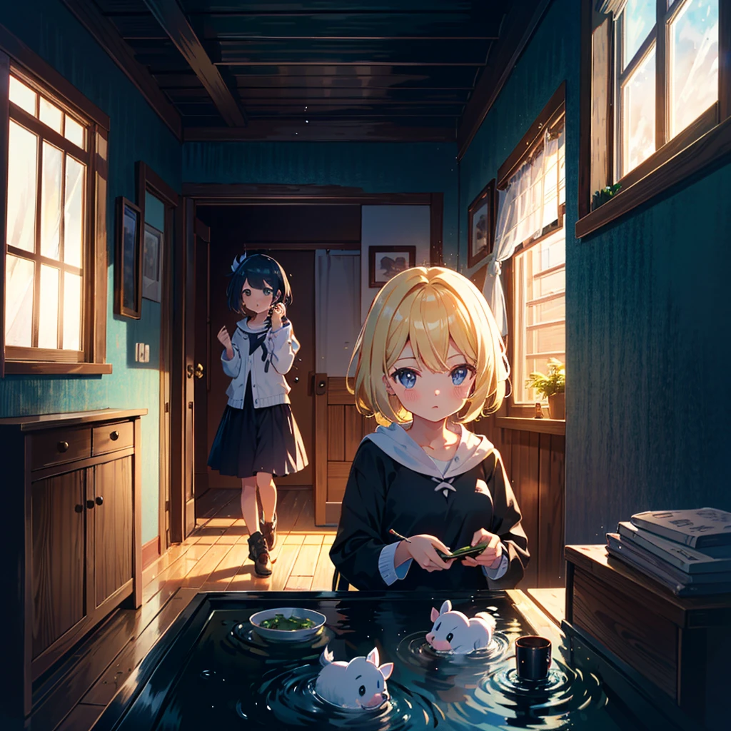 High-definition background, bright and beautiful atmosphere, 3 girls (2 years old, (1 short-tempered round face), (1 child)) (hair, surface effect), color effect), small breasts, blonde hair, fishing boat, rainy season 's weather, a girl by the window, a girl putting her hand on the window, many mini pigs sticking to the window, deltamon_sdXL:0.73) >Deltamon Negative Prompt
