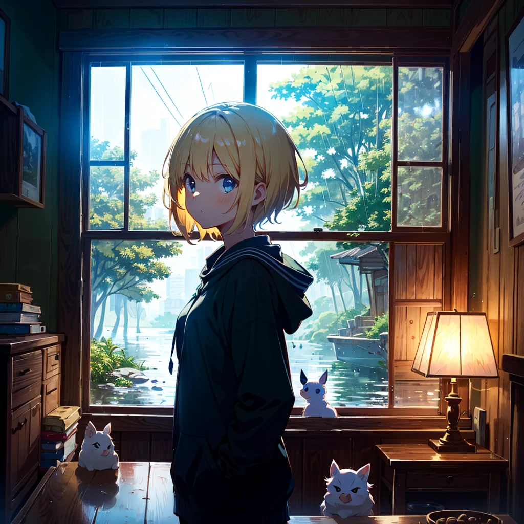 High-definition background, bright and beautiful atmosphere, 3 girls (2 years old, (1 short-tempered round face), (1 child)) (hair, surface effect), color effect), small breasts, blonde hair, fishing boat, rainy season 's weather, a girl by the window, a girl putting her hand on the window, many mini pigs sticking to the window, deltamon_sdXL:0.73) >Deltamon Negative Prompt