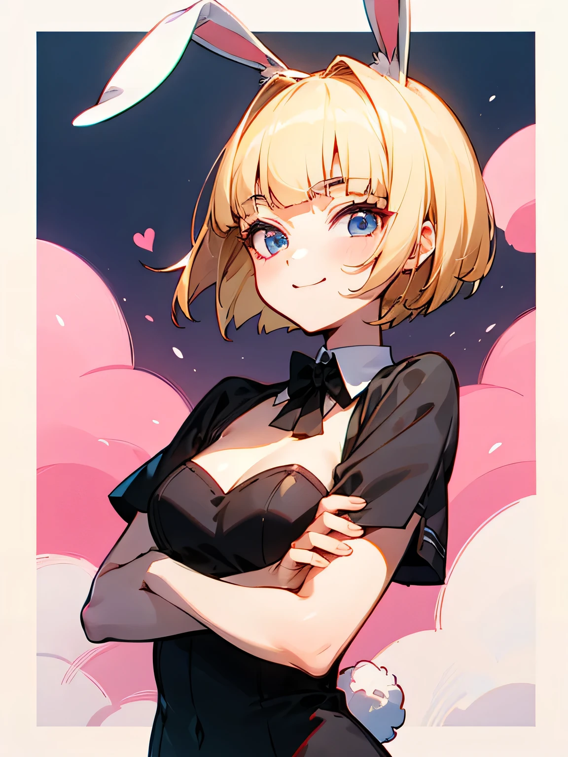 from avobe:1.3,solo,short pixie cut,blonde outside flipped hair,blunt bangs,arua blue eyes,black white bunny girl wear,pink rabbit ear,smile,crossed arms,pride,