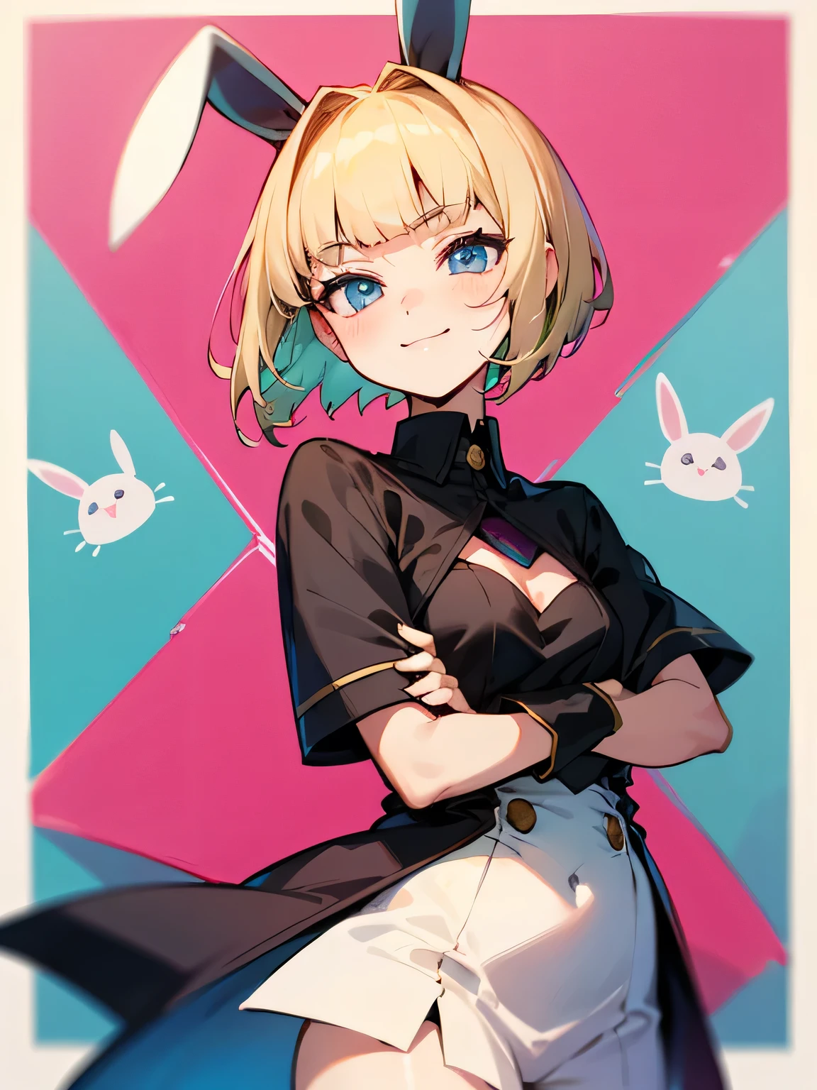 from avobe:1.3,solo,short pixie cut,blonde outside flipped hair,blunt bangs,arua blue eyes,black white bunny girl wear,pink rabbit ear,smile,crossed arms,pride,